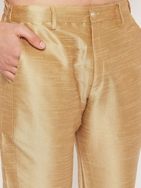 Vastramay Men's Black Ethnic Jacket With Rose Gold Silk Blend Kurta and Pant Style Pyjama Set